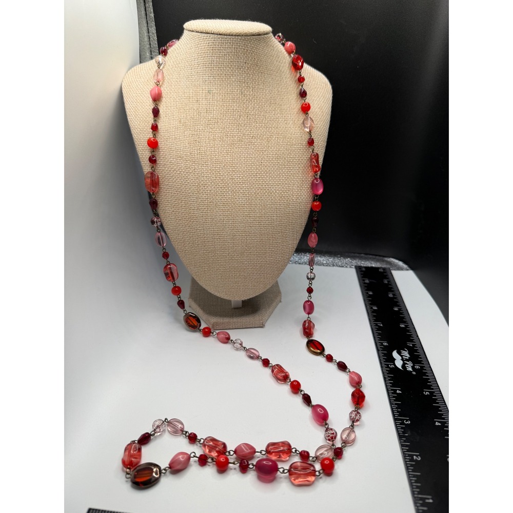 Long Beaded Station Necklace Red Pink Burgundy Mixed Glass Acrylic Beads 42 Inch